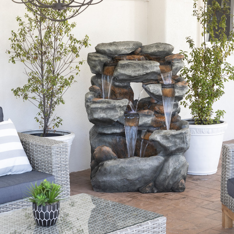 Floor Stone Tower Fountain with LED Lights, 54" H x 27" W x 38" D