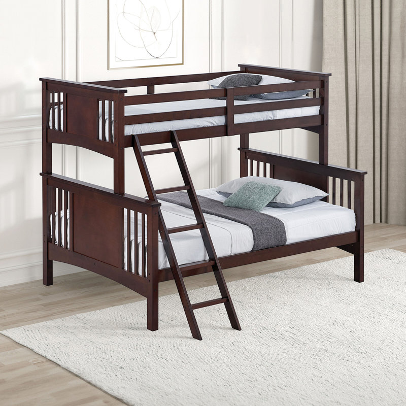 Lit superposé simple au-dessus d'un lit double en noyer foncé de conception transitionnelle, en angle, en bois massif et en bois d'ingénierie, lit de style à verrou d'insertion, noyer, joint verrouillable