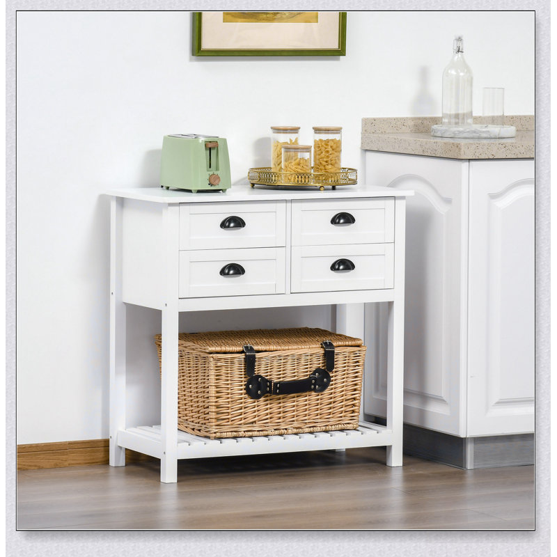Armoire à café blanche avec 4 tiroirs et tablette inférieure à lattes, pour le rangement de la cuisine et du salon