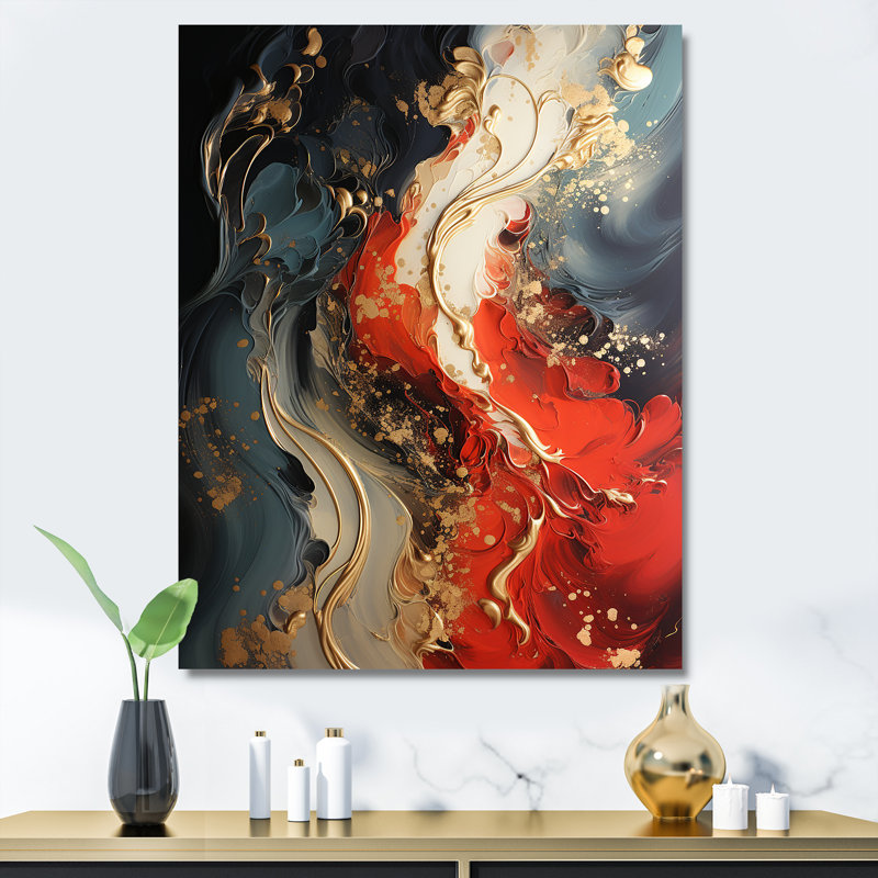 Rouge et or feu de marbre IV - art mural abstrait, Toile tendue, H 40 po x l 30 po x P 1,5 po
