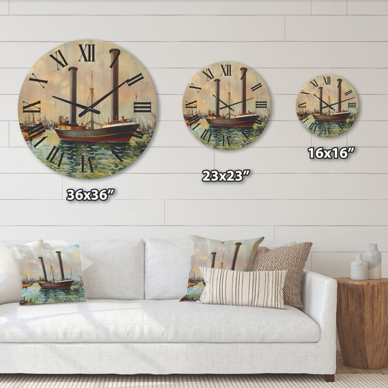 Horloge murale en bois ancien bateau sortant du port, Grand