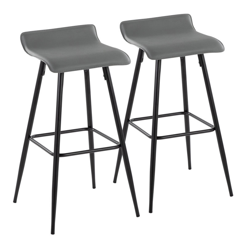Ale 30" Contemporary Fixed-Height Bar Stool in Black Steel and Grey Faux Leather by LumiSource - Set of 2, Gray