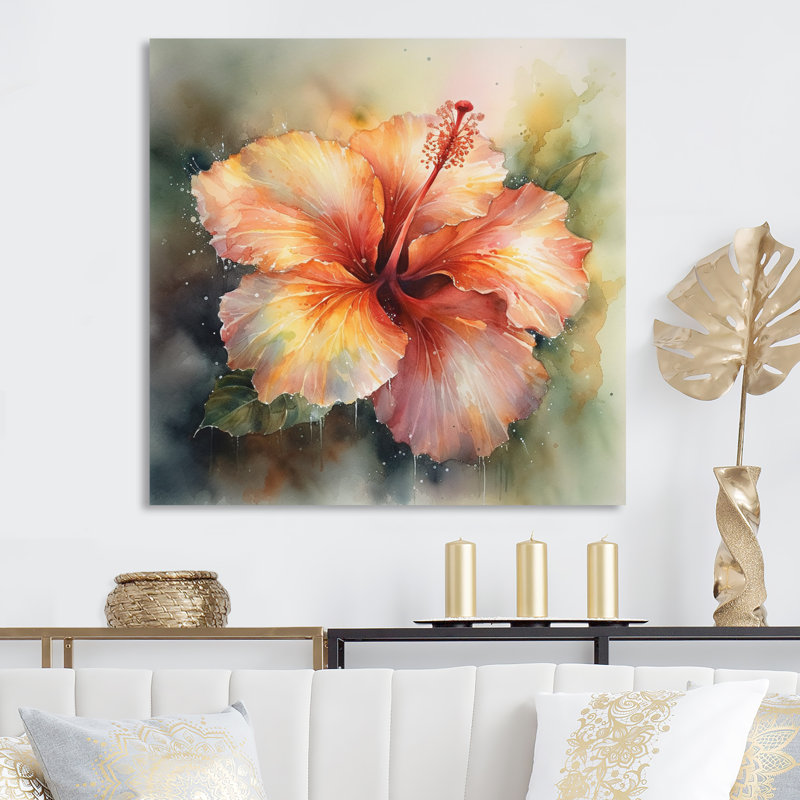 Pétales d'hibiscus vert orange II sur impression métallique, H 36 po x l 36 po x P 1 po