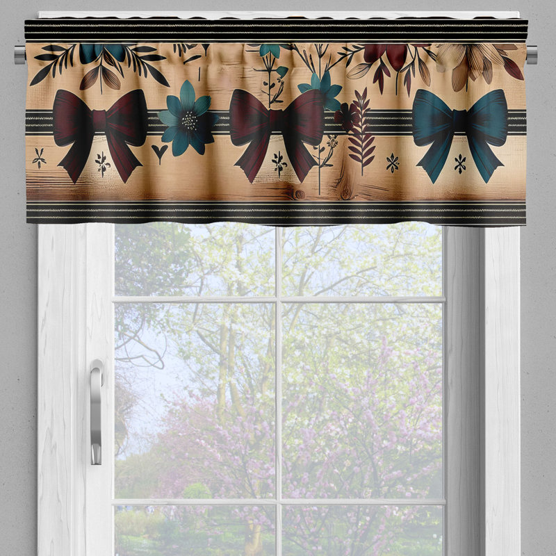 Floral Deer Print Blue and Beige Polyester Kitchen Curtains