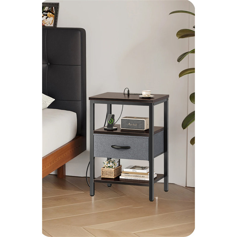 Multi-Functional Bedside Table With Charging Station & Adjustable Fabric Drawer, Walnut/Gray/Black