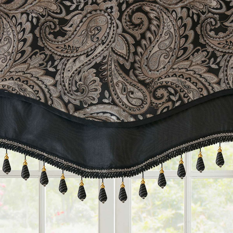 Cantonnière à passe-tringle en jacquard avec perles 50 po x 18 po, Noir