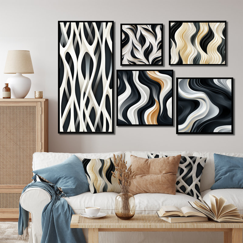 Corenzo - Ensemble de 5 reproductions d'art sur toile rayée, Cadre flottant noir