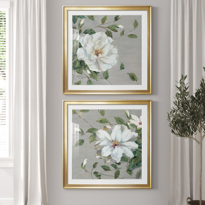 «Garden Melody I», ensemble de 2 reproductions d'art encadrées, H 34,5 po x l 69 po x P 1,5 po, Papier encadré doré, Blanc