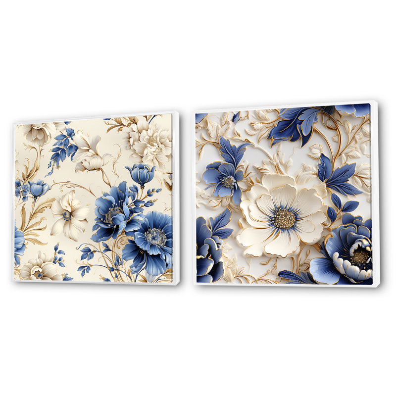 Ashburnham - Ensemble de 2 collages carrés floraux, Cadre flottant blanc, H 16 po x l 33 po