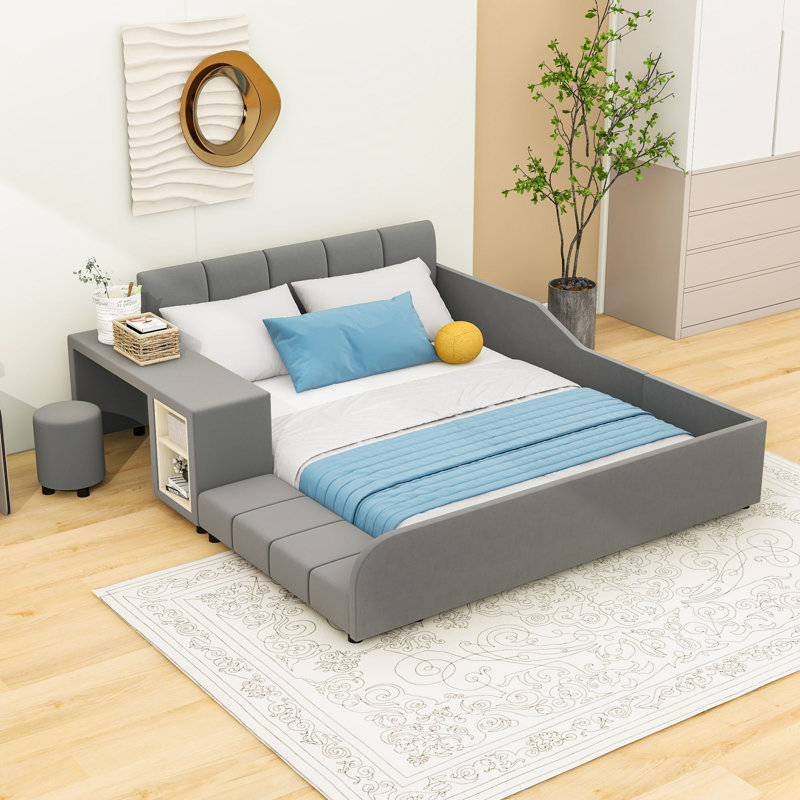 Lit plateforme en velours avec bureau Wakeeny, Grand, gris