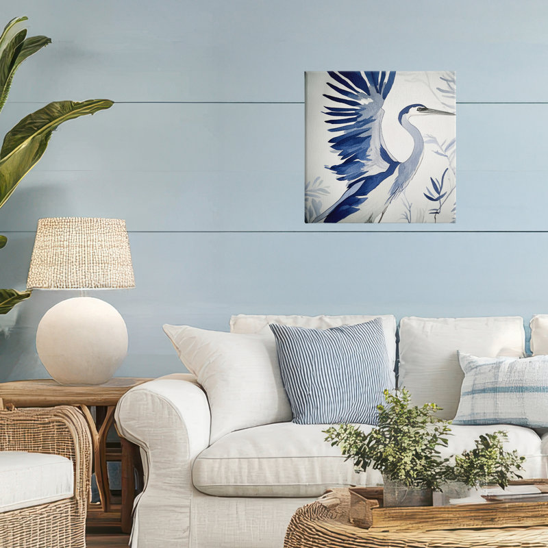 Héron bleu dans une toile aux tons froids, design par Mona Grace, H 17 po x l 17 po