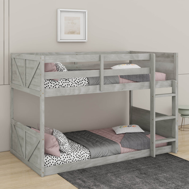 Twin Over Twin Floor Bunk Bed With Panelled Headboard And Footboard, Antique White