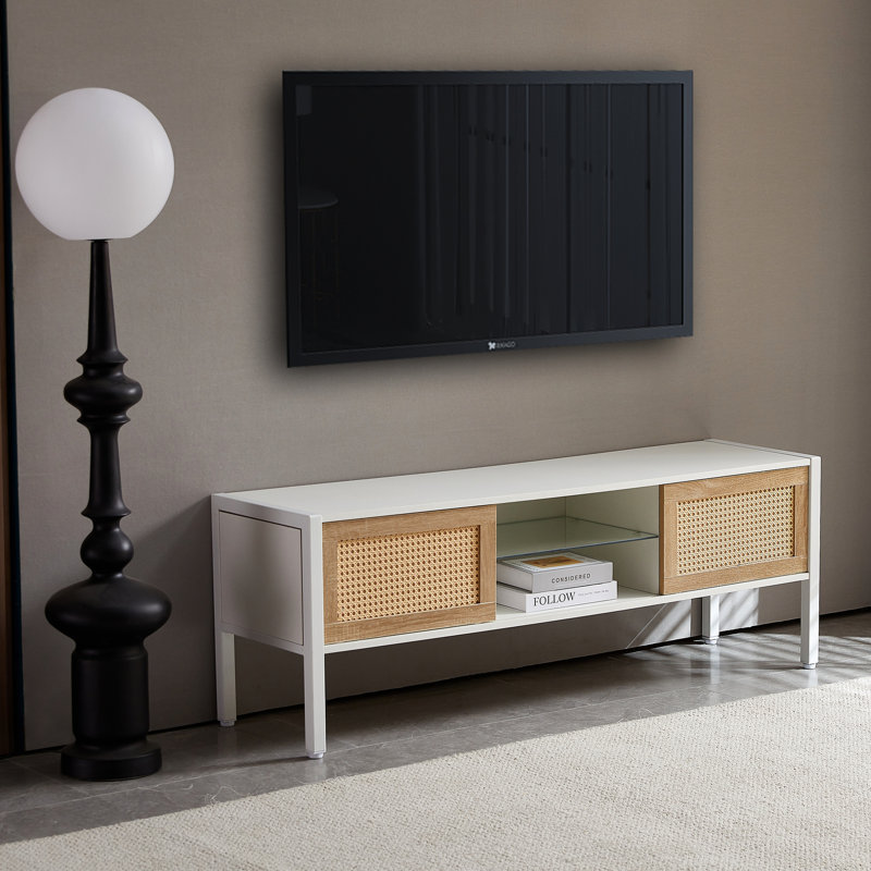 Meuble télé 54,16 po avec fonction de bande lumineuse, portes coulissantes doubles, tablette réglable, pieds en métal, console de salon blanche, pieds télécommandés
