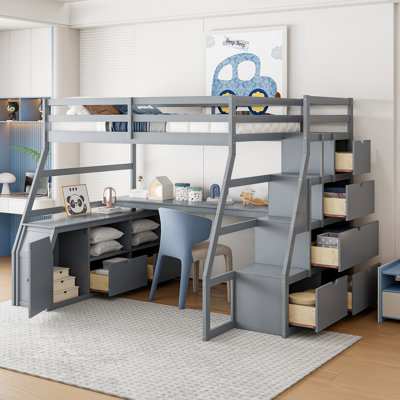 Auroora Wooden Loft Bed with 7 Drawers, 2 Shelves & Desk