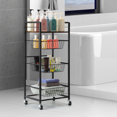 Brown 4-Tier Rolling Fruit Basket Cart With Pull-Out Wire Baskets & Rustic Wood Top, Mobile Kitchen Organizer With Lockable Wheels