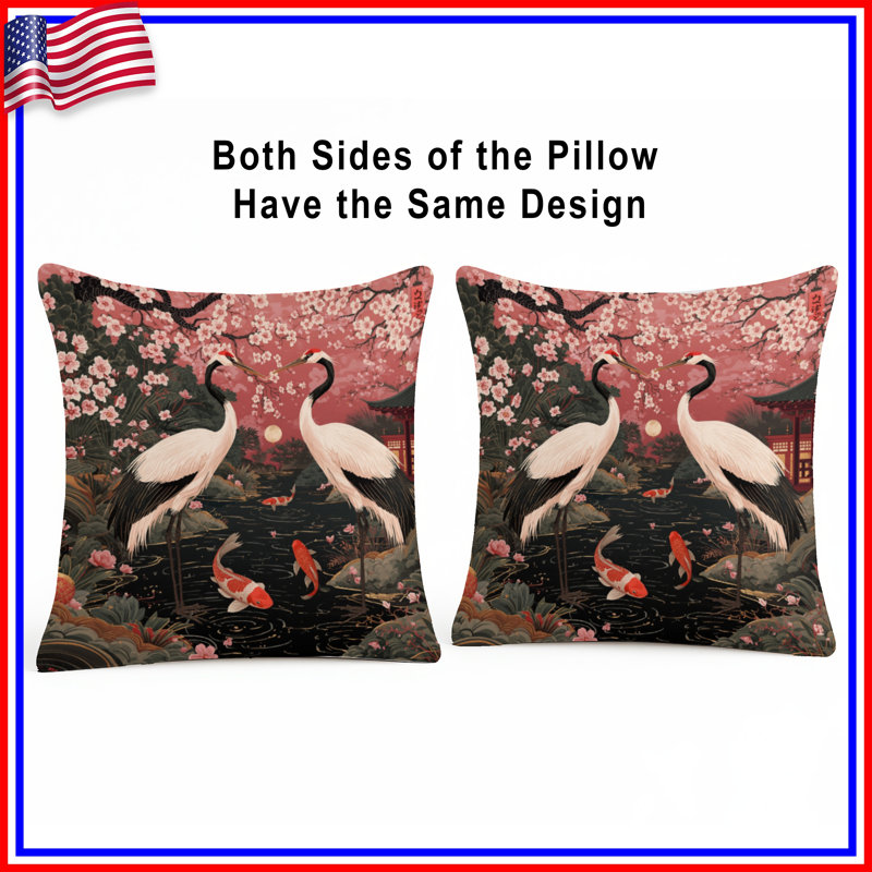 Coussins Cherry Blossom Cranes Koi, 16 x 16 pouces