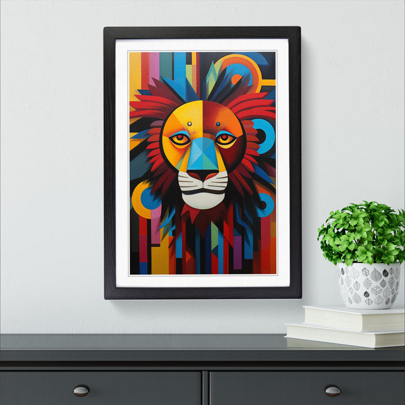 Lion Constructivism - Single Picture Frame Print on Wood, Black, 34cm H x 25cm W x 2cm D