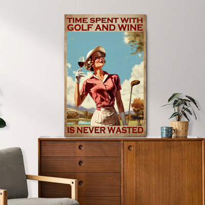 A Lady Playing Golf - Time Spent With Golf And Wine Gallery Wrapped Canvas - Sport Illustration Decor, Green Living Room Decor