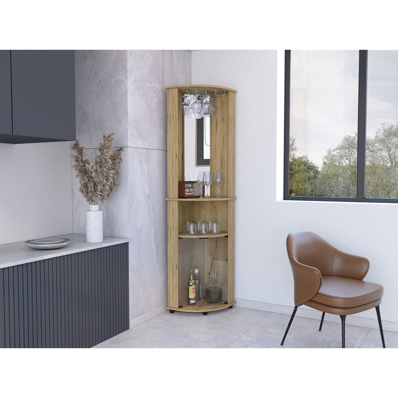 Chicago 75" H Mirrored Corner Bar Cabinet, With Glass Doors, Two Shelves and Stemware