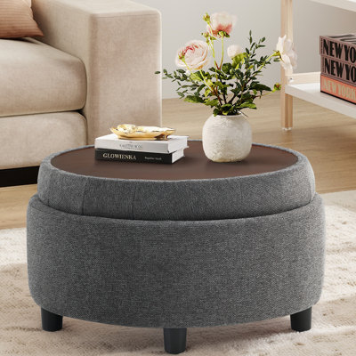 COLAMY Fabric Round Storage Ottoman with Reversible Tray Lid