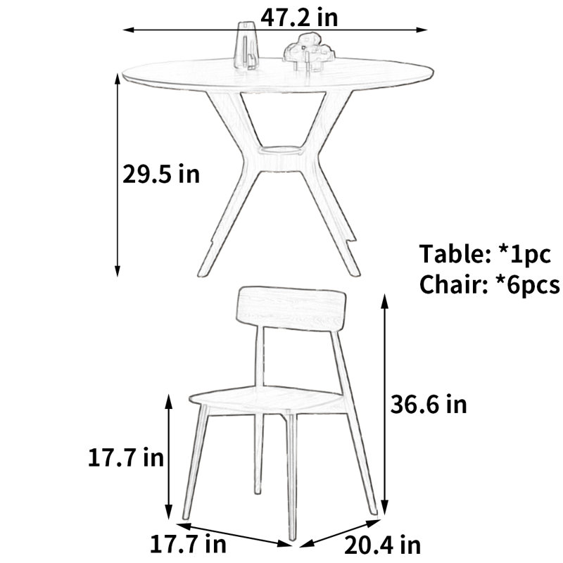 Wabi-sabi round dining table and chair, 29.5"H x 47.2"L x 47.2"W