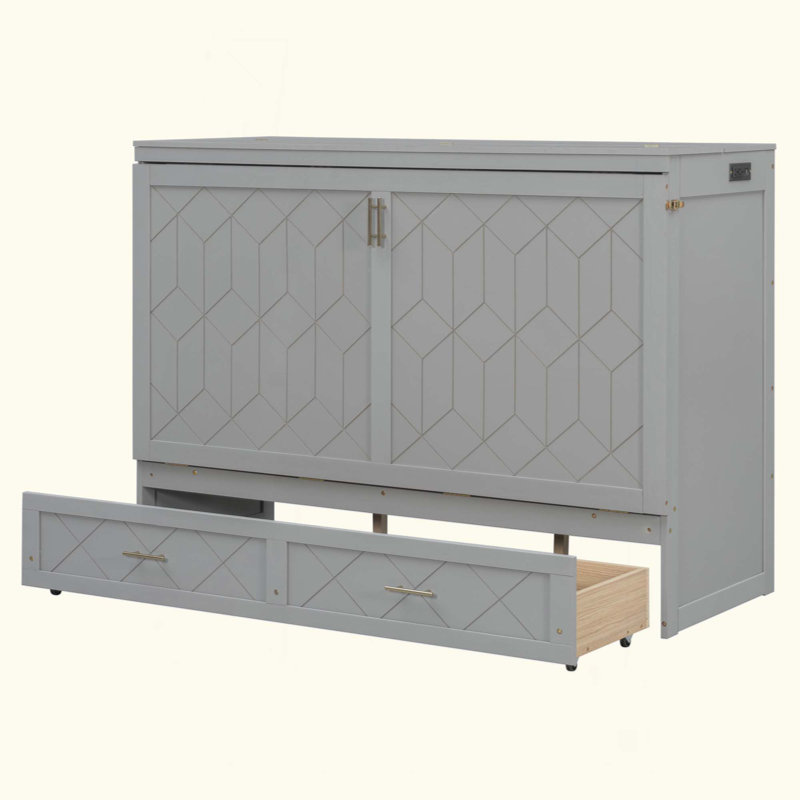 Lit escamotable mural Murphy avec tiroir et ensemble de prises et ports USB, Gris