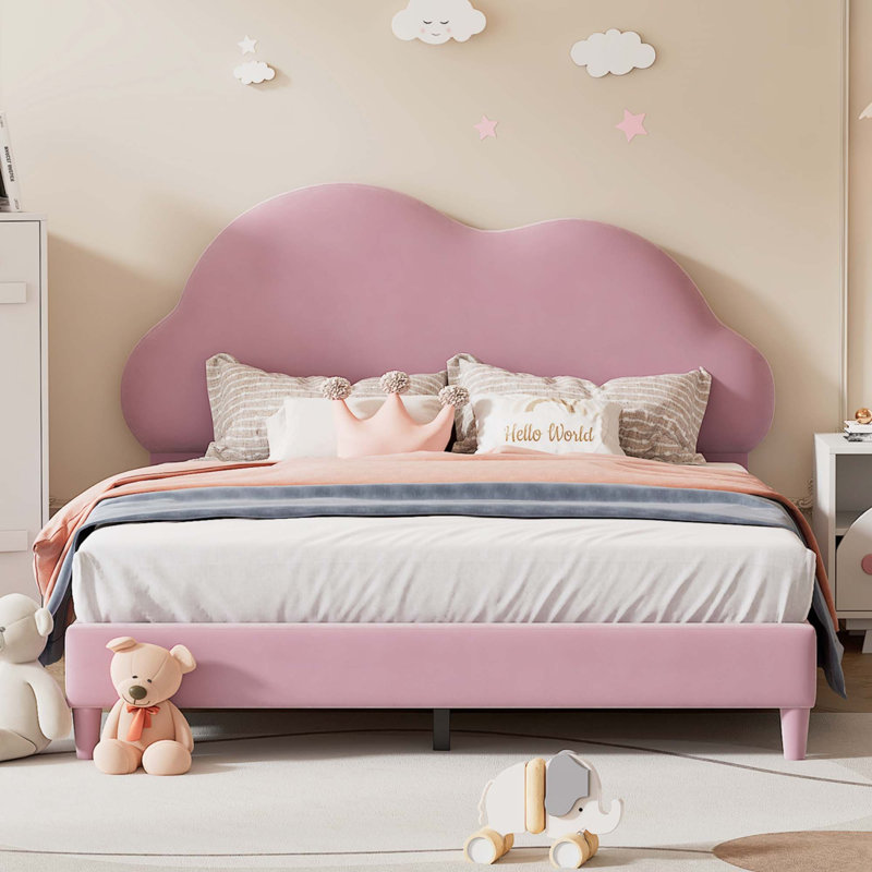 Lit tapissier en forme de nuage, lit plateforme en velours, Double, Rose
