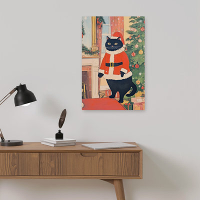 Black Cat Santa Classic Abstract Christmas Tree Cat Winter Architecture Wall Art Print 1 Piece Wrapped Canvas Wall Art