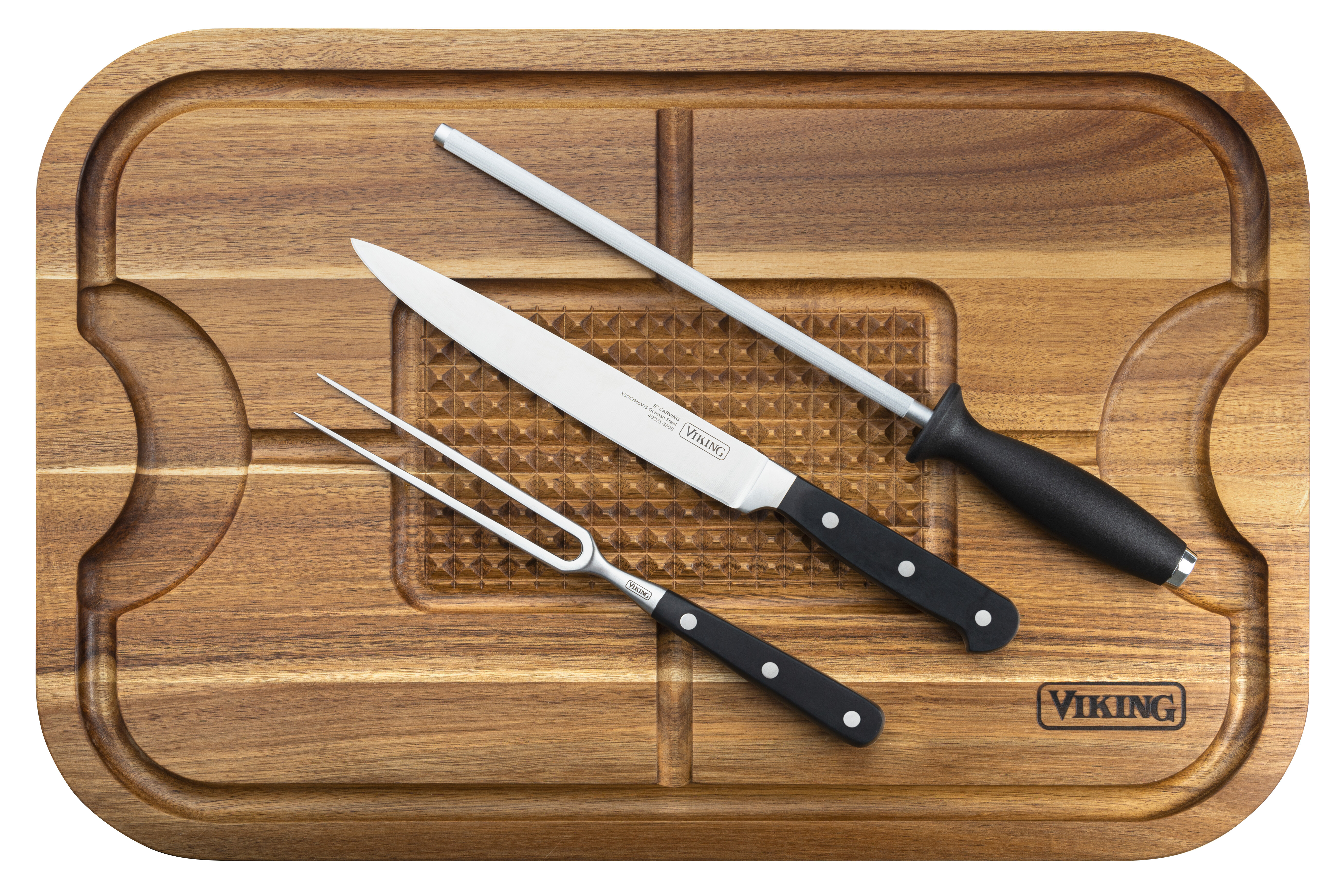 Viking Acacia Carving Board with 3-Piece Carving Set