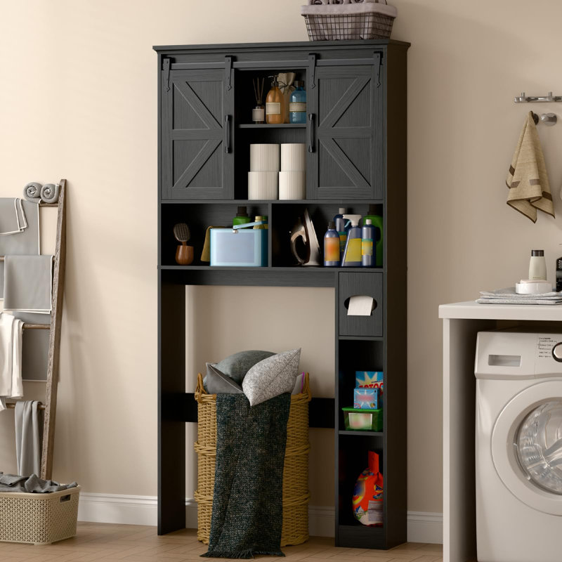 Over The Toilet Storage Cabinet,Farmhouse Space-Saving Toilet Rack With 2 Sliding Barn Doors, Black