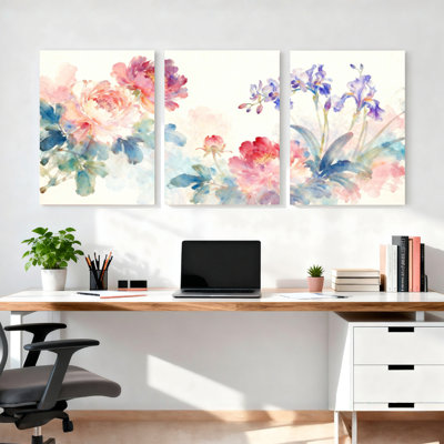 Aquarelle, bouquet floral sur toile tendue, impression de fleurs pastel (lot de 3)