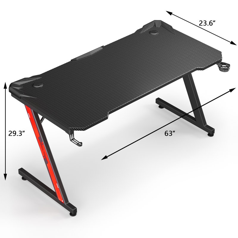 Bureau de jeu en fibre de carbone Heidrick, H 29,3 po x l 63 po x P 23,6 po, Noir / noir