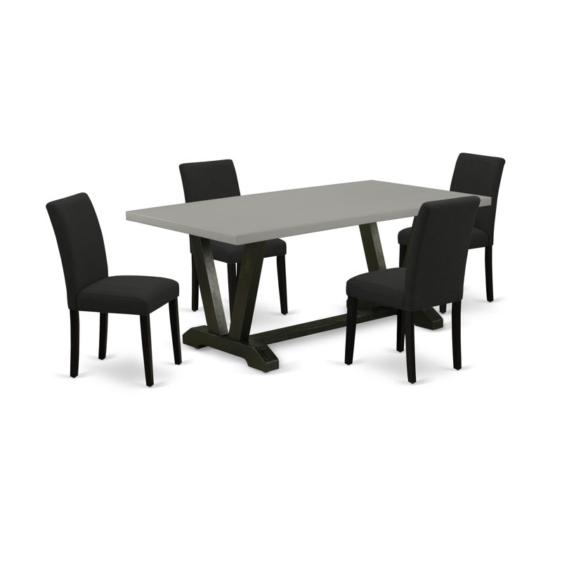 Cet ensemble de salle à manger 5 pièces comprend une table en bois de ciment et 4 chaises Parson en tissu noir avec dossier haut - finition dossier brossé