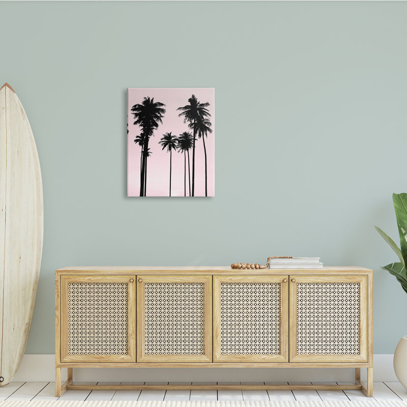 «Tall Palm Tree Silhouettes», ciel rose tropical XXL encadré par estampe numérique par Mia Jensen, Toile tendue