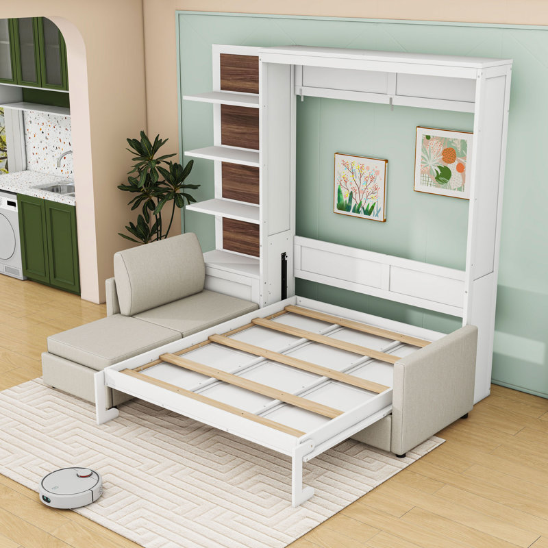 Grand lit escamotable avec canapé et tablettes, Blanc