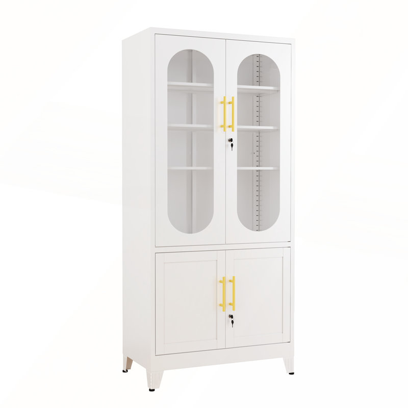 Rectangular Glass and Metal Lockable Iron Cabinet, Blanc