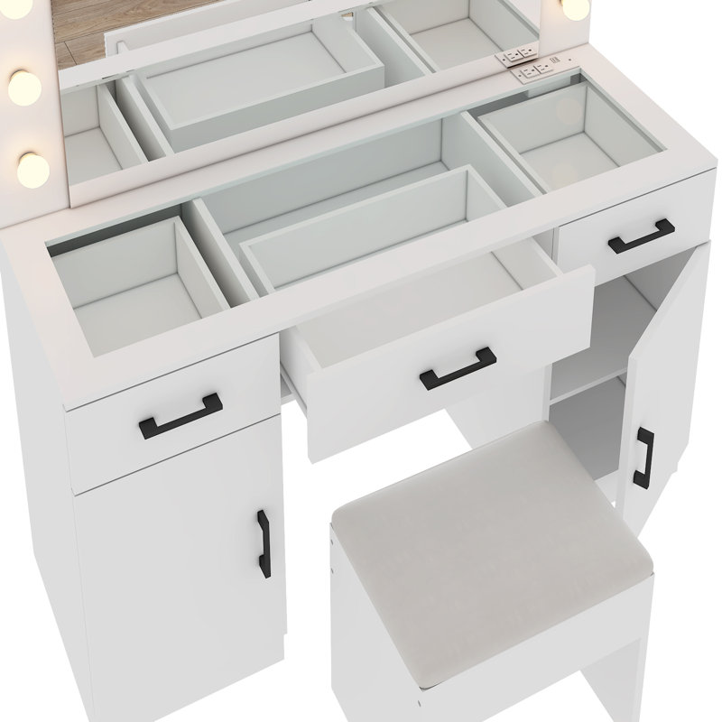 Large Makeup Vanity Set with Lights, USB & Power Outlet,3 Drawers, White