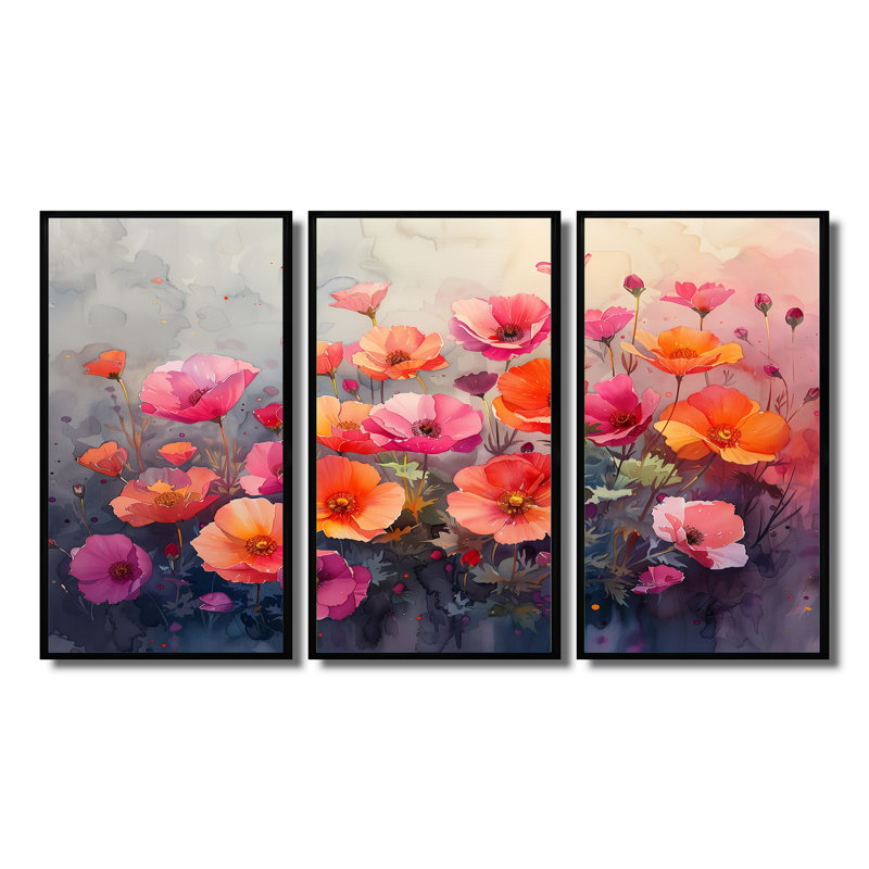 Champs de fleurs roses et orange bouton d'or 3 "pièces, H 28 po x l 36 po, Cadre flottant noir