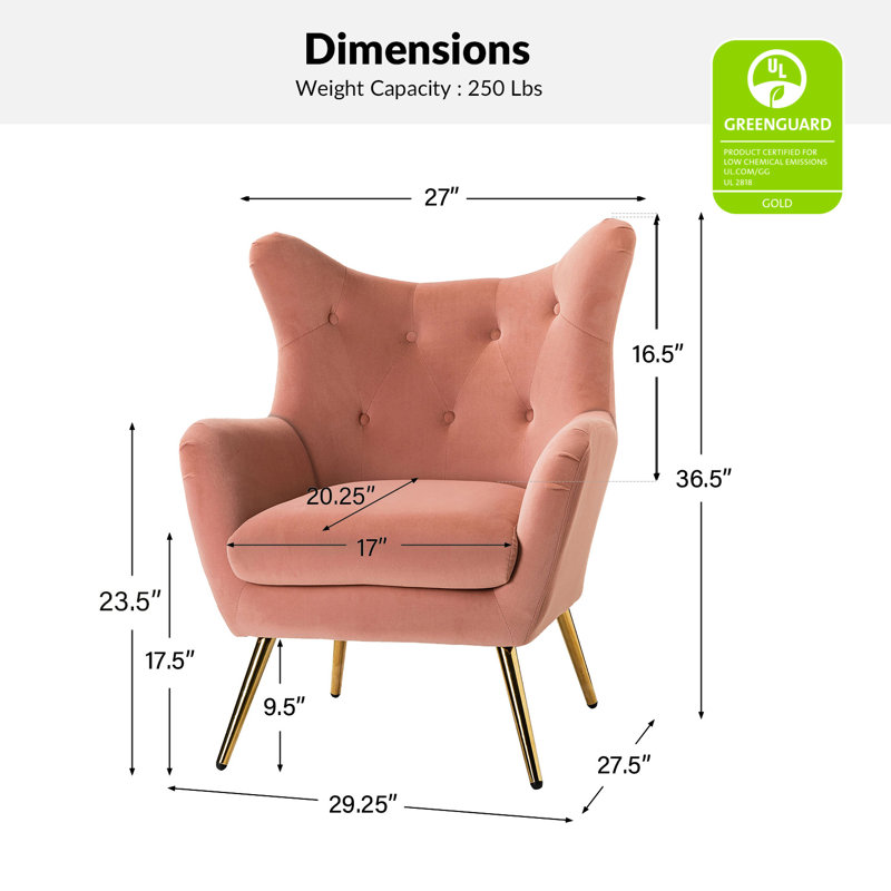 Fauteuil à oreilles 29,25 po Avianna, Velours rose