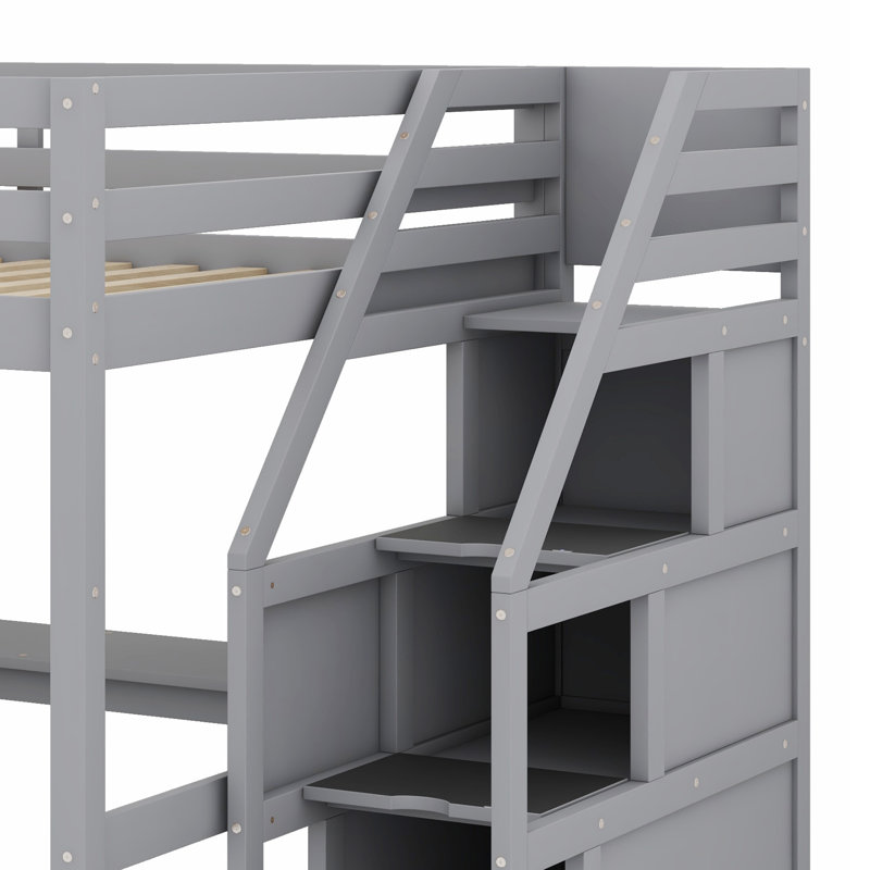 Lit mezzanine double avec bureau et tablettes, Gris