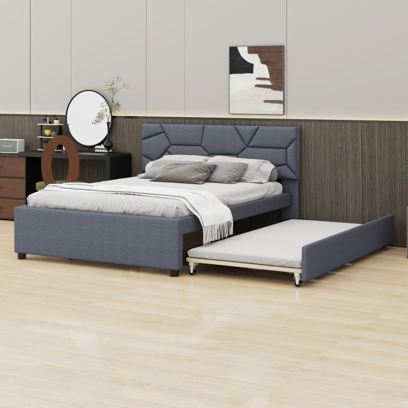 Lit plateforme tapissier avec tête de lit et lit gigogne à motif brique, Gris