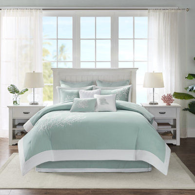 Édredon surdimensionné en coton surdimensionné - La bordure à découpes rehaussée de broderies corail comprend une jupe de lit et 2 taies décoratives