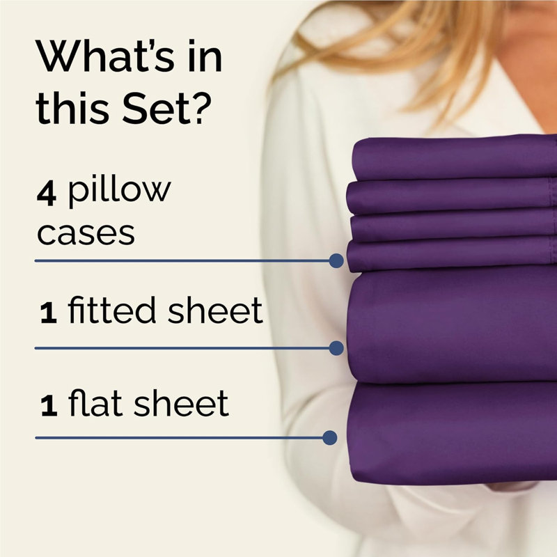 6 Piece Sheet Set, Soft Cooling Bed Sheets, Breathable & Wrinkle Free, Hotel Luxury Bedding, Purple