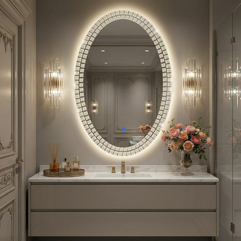 Miroir mural ovale à DEL avec détails en mosaïque de cristal