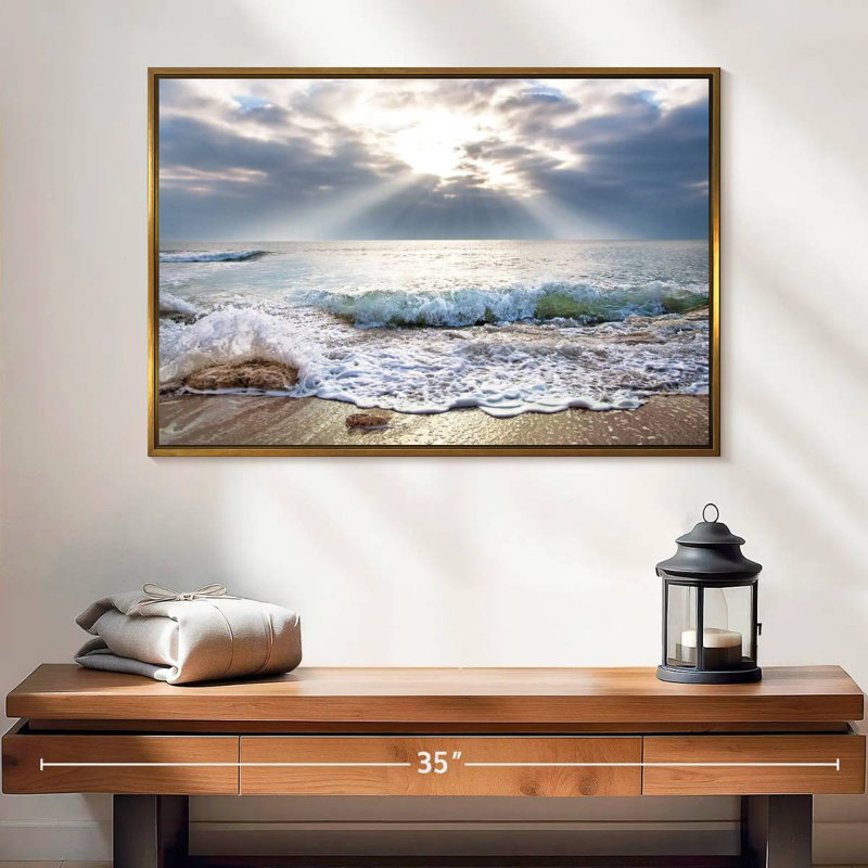Océan au lever du soleil, Cadre flottant doré, 25 po x 17 po
