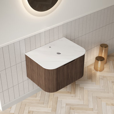 Dina 24'' Wall Mounted Plywood Cabinet With Carrara White Sintered Stone Countertop, One Drawer, No Basin, No Faucet And Drain, Dark Walnut Woodgrain Color