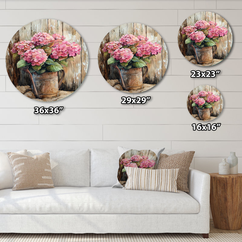 Bouquet d'hortensias rustique à la grange II - hydrangées, art mural rond en métal, H 36 po x l 36 po
