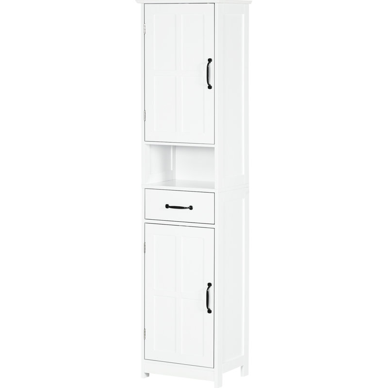 Tour de rangement mince pour salle de bain - Grande armoire à linge avec tablette ouverte, tiroir, portes encastrées et tablettes réglables, blanc