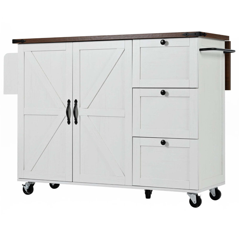 54.5" Farmhouse Kitchen Island With Power Outlet, Kitchen Storage Island  With Internal Storage Rack, Drop Leaf, White