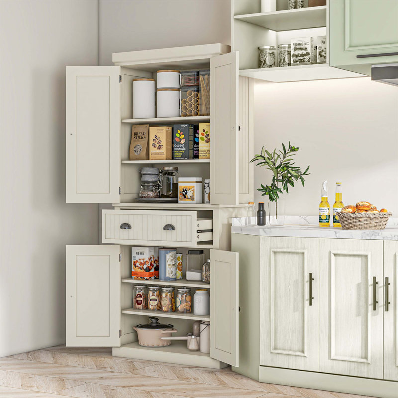 Grand garde-manger autoportant avec tablettes réglables, tiroir et portes magnétiques pour un rangement efficace et une élégance campagnarde